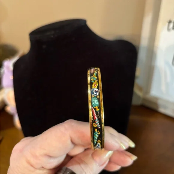 HERMES multi colored enamel bangle Bracelet with 18kt gold plated trim - Picture 6 of 8